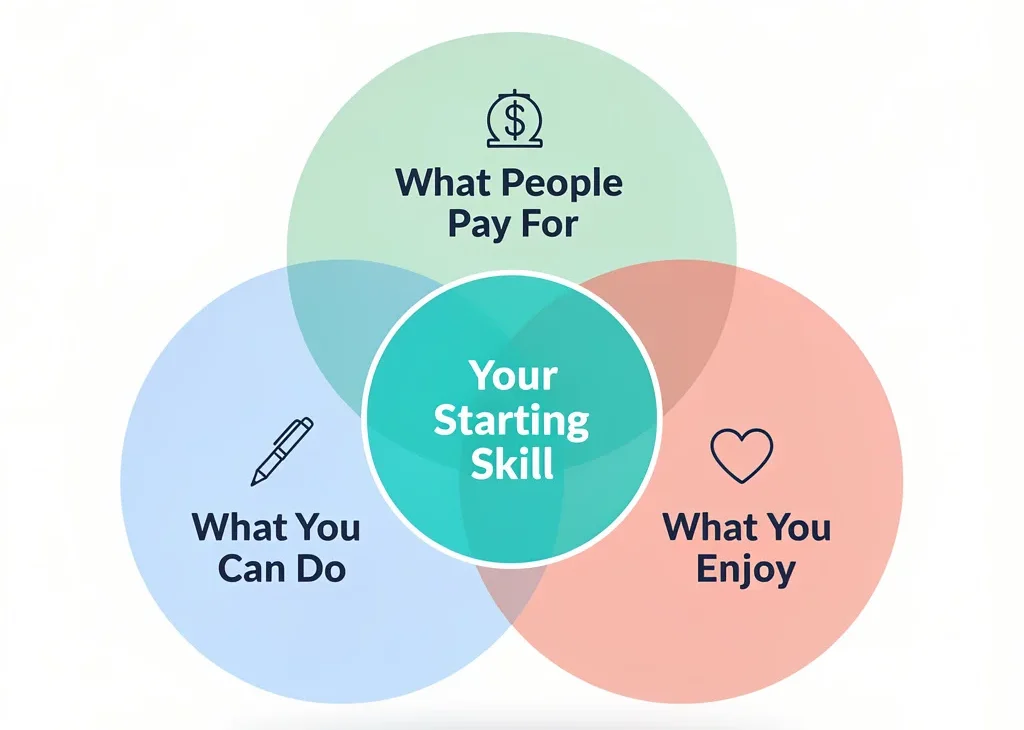 Venn diagram showing three overlapping circles — what you can do, what people pay for, and what you enjoy — to help beginners choose a freelance skill