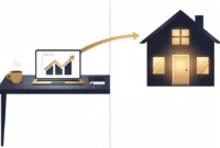 Illustration showing a freelancer workspace transitioning into a house, representing the path to homeownership through a freelancer mortgages