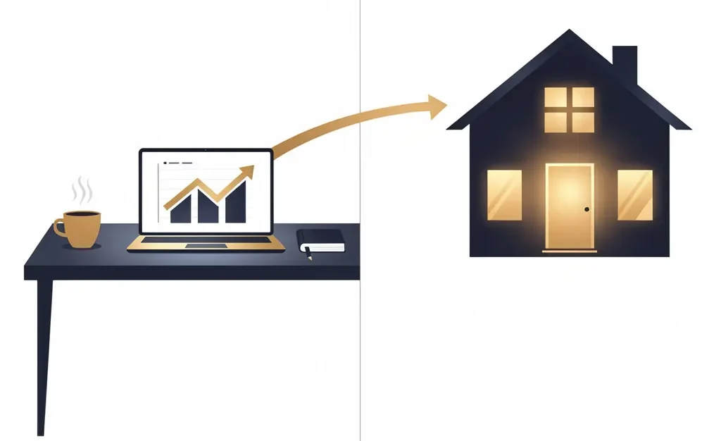 Illustration showing a freelancer workspace transitioning into a house, representing the path to homeownership through a freelancer mortgages