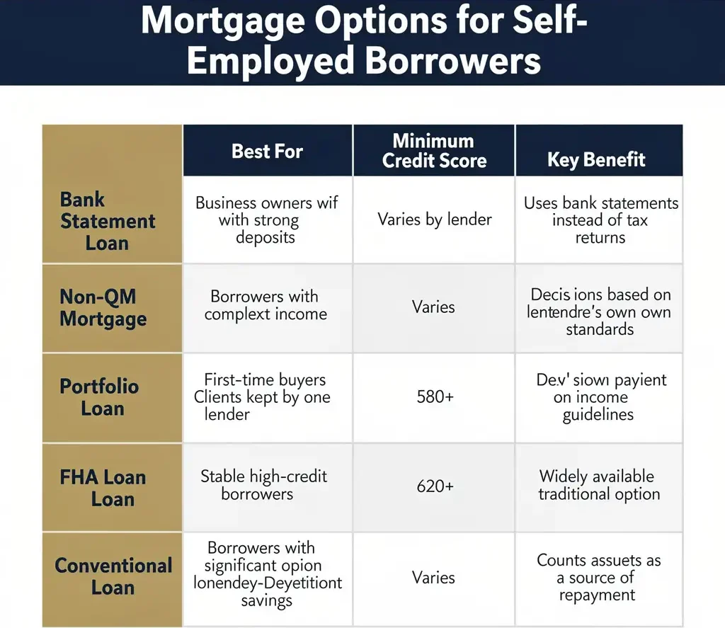 Comparison infographic showing six freelancer mortgage loan types including conventional, FHA, VA, bank statement, 1099, and asset depletion loans with credit score and key benefit for each