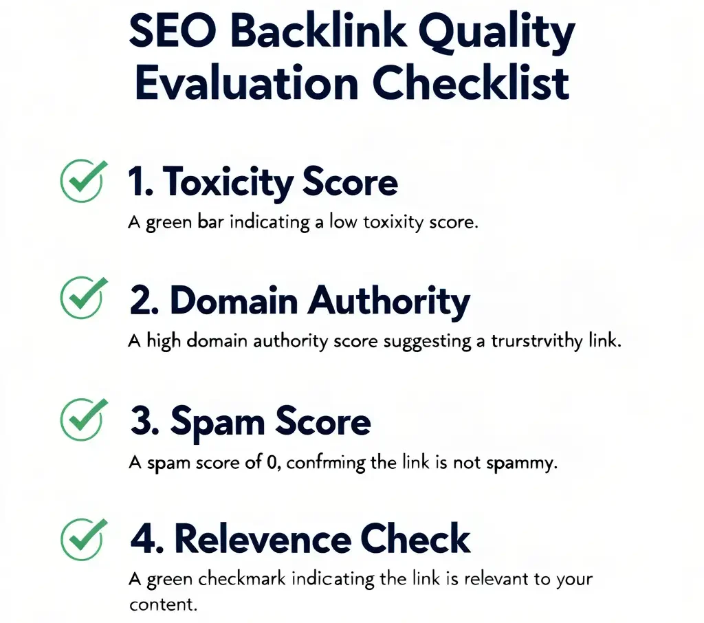 Checklist infographic showing four criteria for evaluating high quality backlinks including relevance, traffic, placement, and page authority