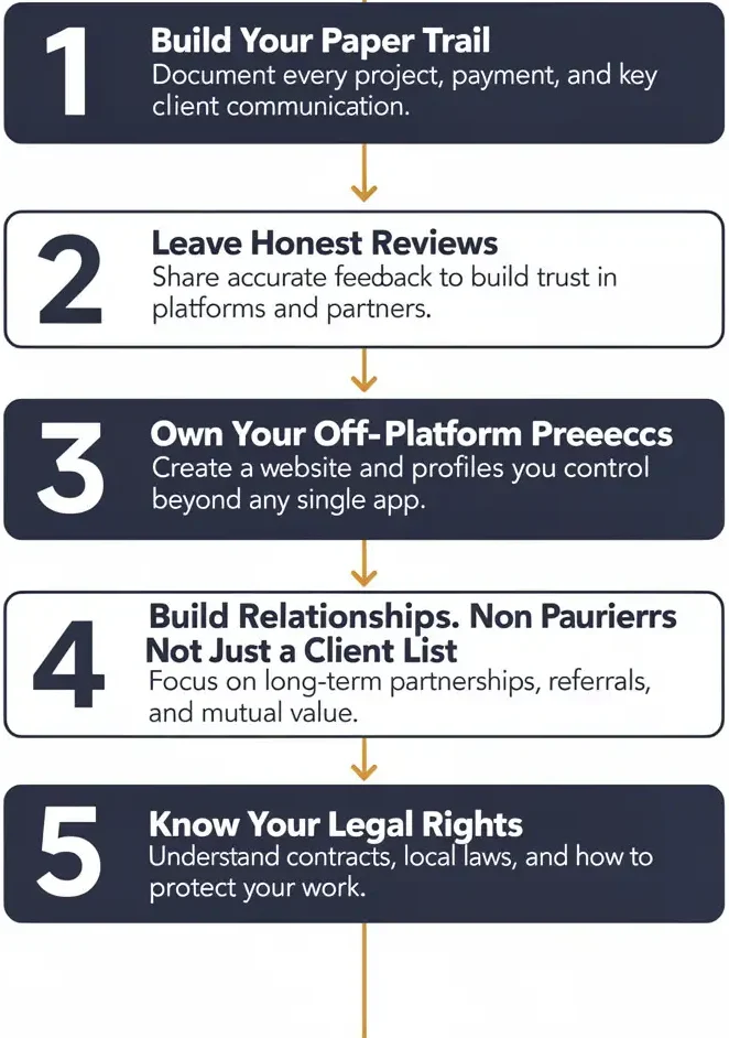 Five-step infographic showing how freelancers can protect
their client reputation including documentation, honest
reviews, off-platform presence, relationship building,
and knowing legal rights

