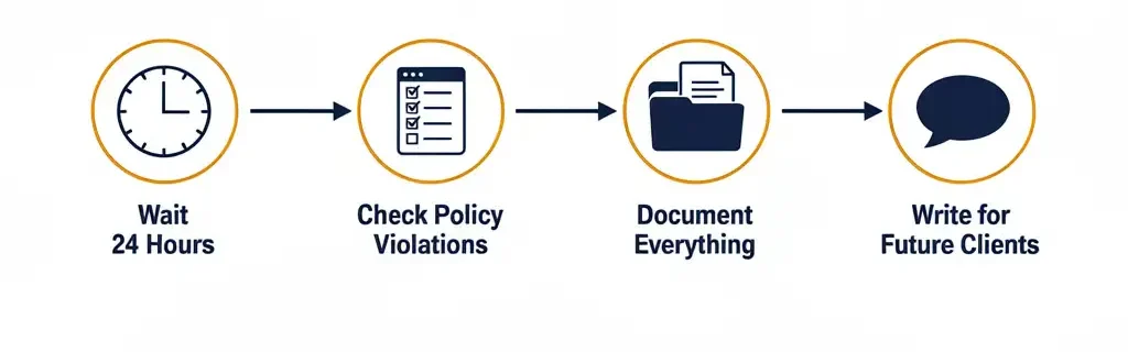Flowchart showing four steps for responding to a negative freelance review: wait 24 hours, check policy violations, document everything, then write a response aimed at future clients