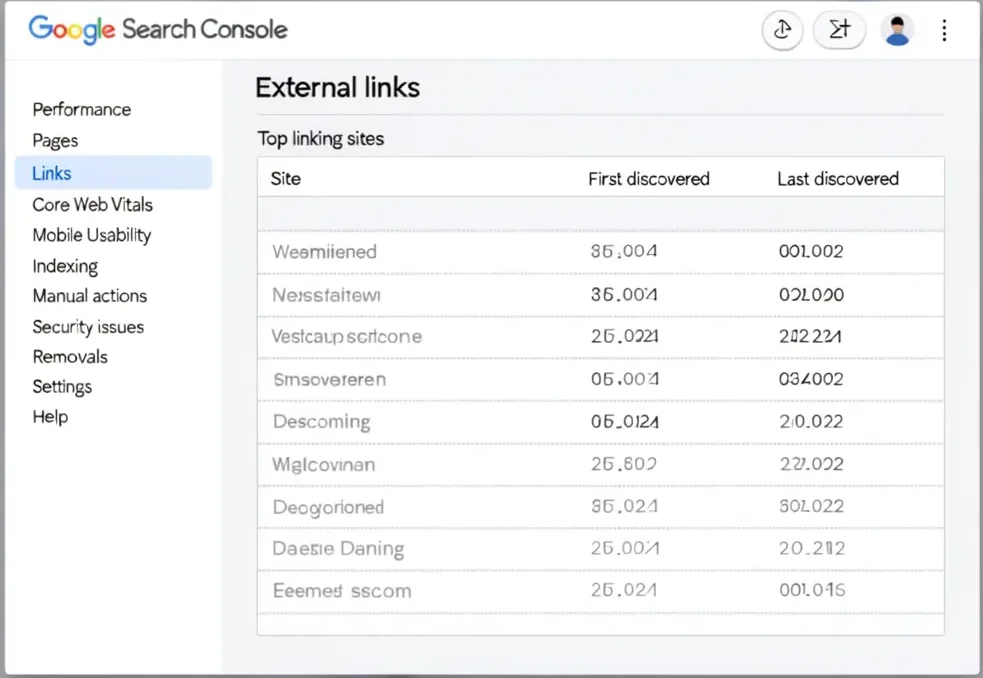 Screenshot of Google Search Console Links report showing external backlinks and top linking sites panel for a website