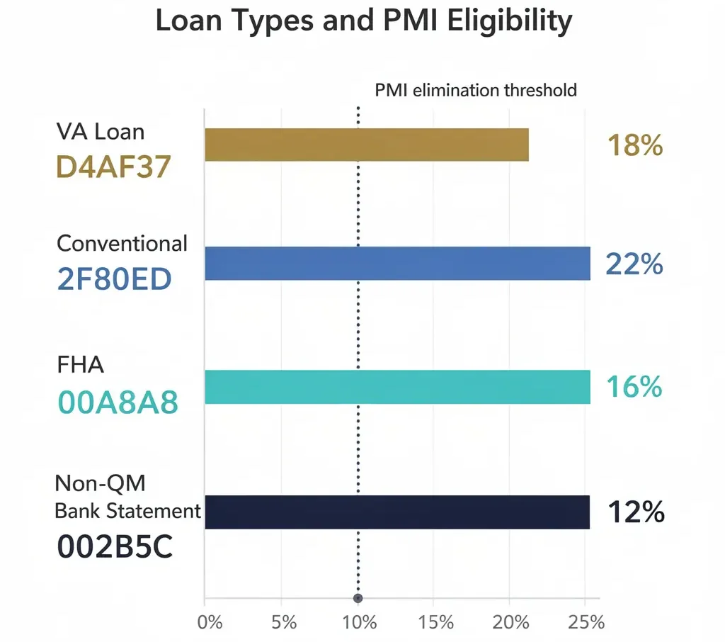 Bar chart comparing minimum deposit requirements for freelancer mortgages showing VA loan at 0%, conventional at 3 to 5%, FHA at 3.5%, and Non-QM bank statement loans at 10 to 20%
