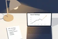 Illustration of an SEO freelancer working at a minimal desk with a laptop showing search ranking charts and strategy notes