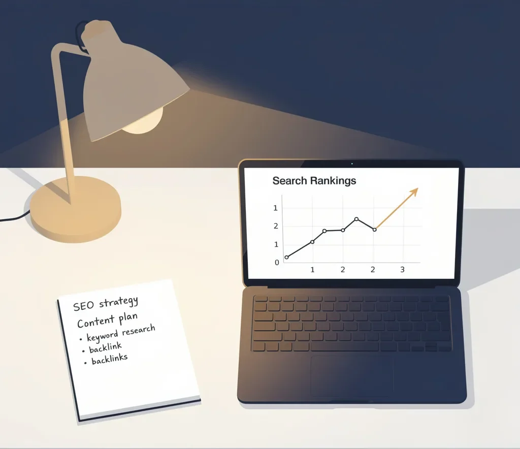Illustration of an SEO freelancer working at a minimal desk with a laptop showing search ranking charts and strategy notes