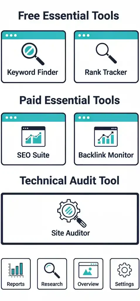 Diagram showing the core SEO tool stack for freelancers, organized into free essential tools, paid tools, and supporting Google resources