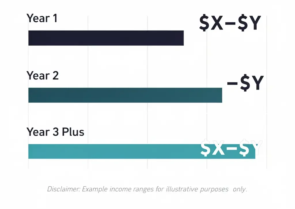Bar chart showing realistic SEO freelancer monthly income progression from Year 1 at $2,000 to $5,000 through Year 3 at $10,000 to $25,000 per month