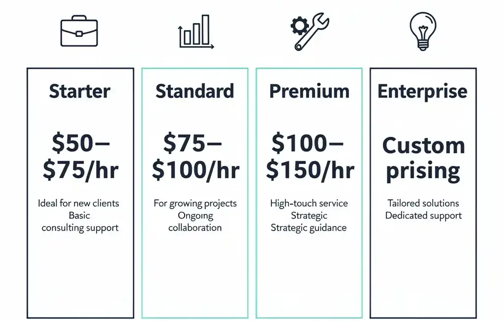 Infographic comparing SEO freelancer rate structures including hourly consulting rates, monthly retainer ranges, and project-based pricing 