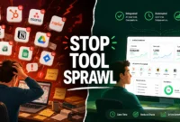 Contrasting illustration of chaotic tool sprawl on left versus organized integrated tool stack on right, highlighting the difference between fragmented and unified software management