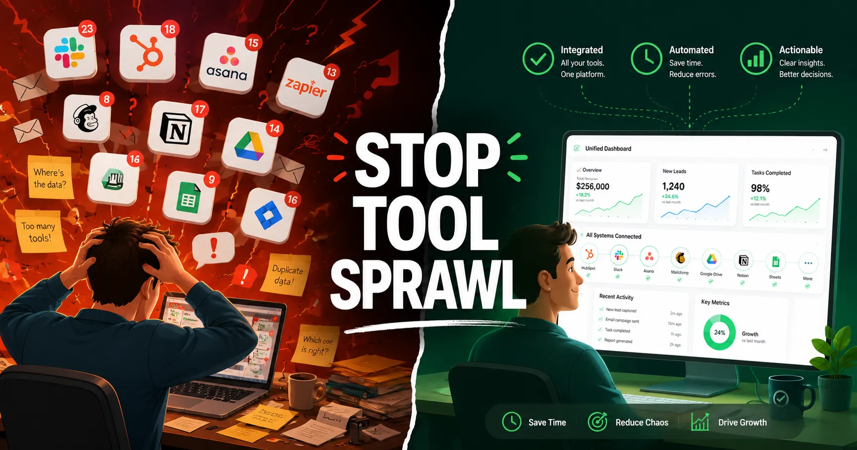 Contrasting illustration of chaotic tool sprawl on left versus organized integrated tool stack on right, highlighting the difference between fragmented and unified software management