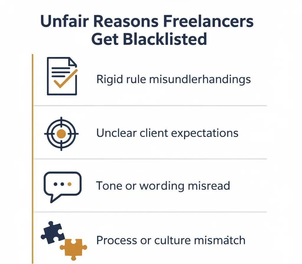 Infographic listing four unfair reasons freelancers get blacklisted including pushing back professionally, being used as a scapegoat, discussing pay publicly, and personality mismatch labeled as incompetence