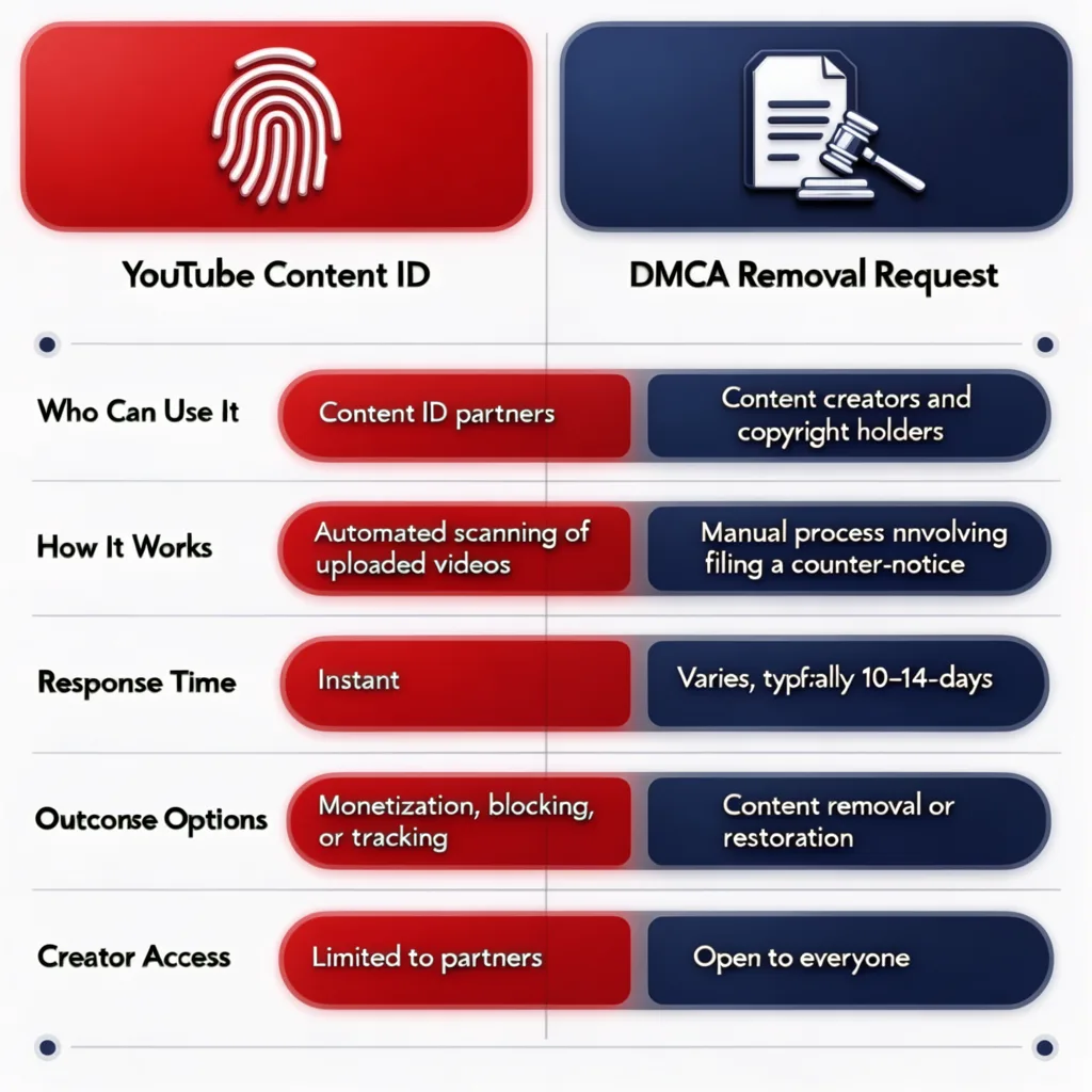 Comparison infographic showing the differences between YouTube Content ID and the DMCA removal request process for copyright owners