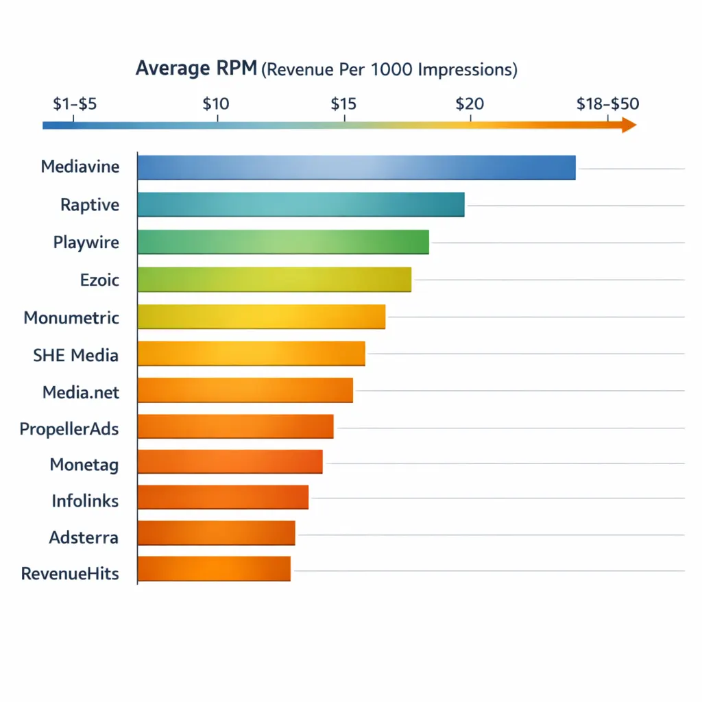 Bar chart comparing average RPM ranges across 12 Google AdSense alternatives, showing Mediavine and Raptive with highest revenue at $18-$50 RPM.