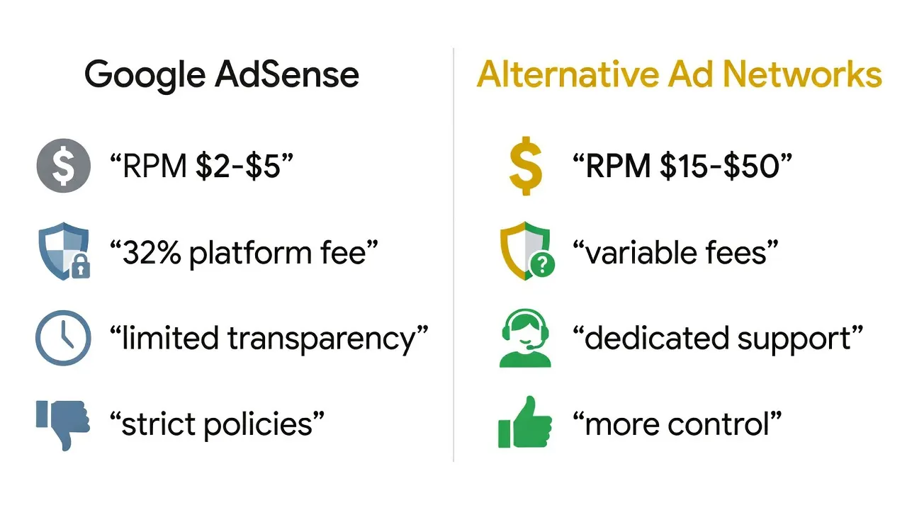 Infographic comparing Google AdSense ($2-$5 RPM, 32% fee) against alternative ad networks ($15-$50 RPM, variable fees, dedicated support).