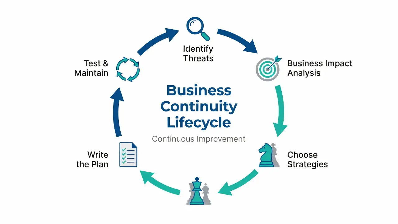 Circular diagram showing the five phases of the business continuity lifecycle: identify threats, business impact analysis, choose strategies, write the plan, and test and maintain as a continuous loop