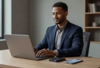 Small business professional working confidently at modern workspace with laptop and smartphone, representing business continuity preparedness and resilience