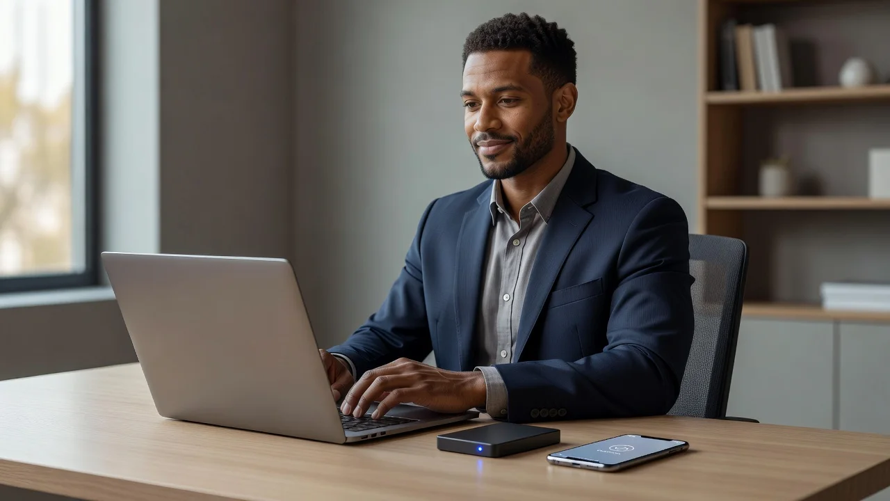 Business Continuity Preparedness Featured Image Small business professional working confidently at modern workspace with laptop and smartphone, representing business continuity preparedness and resilience