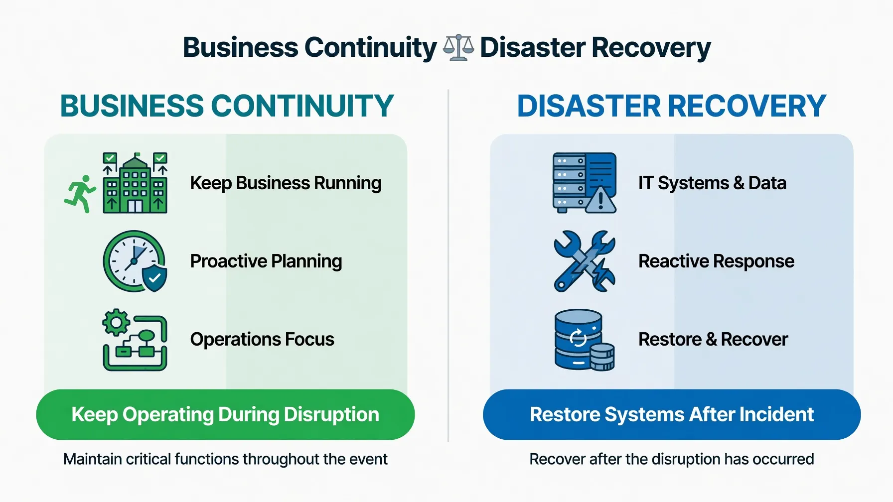 Side by side comparison diagram showing Business Continuity focused on keeping operations running during disruption versus Disaster Recovery focused on restoring systems after an incident