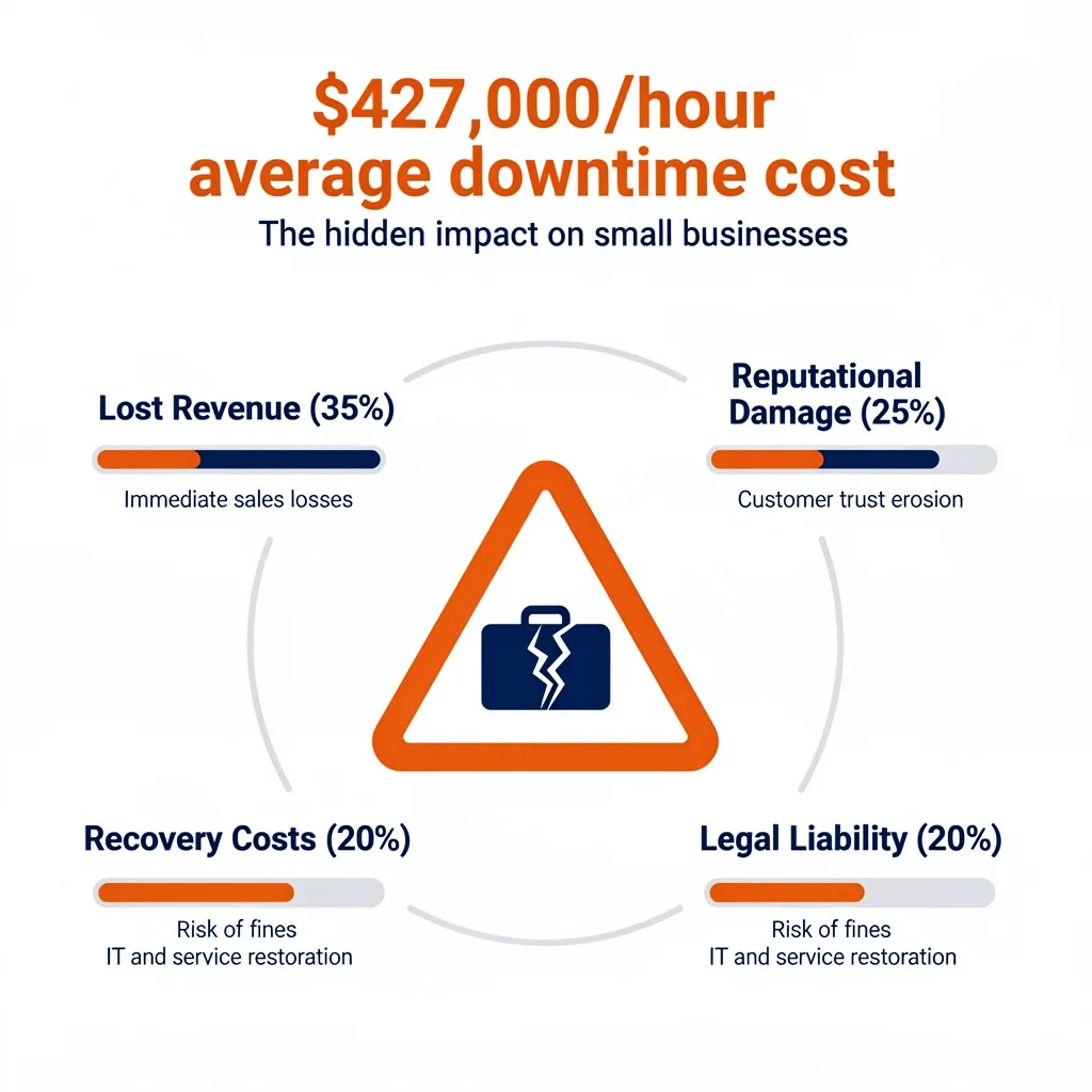 Infographic showing hidden costs of business downtime including lost revenue, reputational damage, legal liability, and recovery costs with 427000 dollar per hour average cost statistic