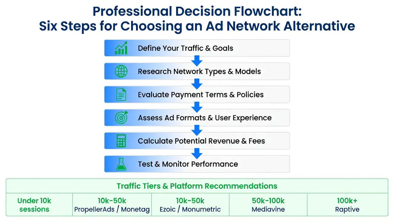 Decision flowchart showing six steps for selecting the right Google AdSense alternative based on traffic volume, sources, content niche, and break-even analysis.