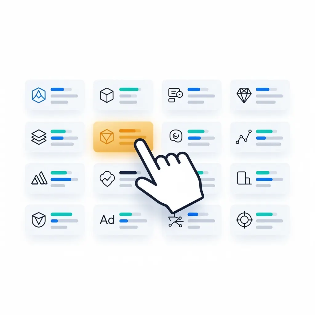 Digital dashboard illustration showing multiple ad network platform cards being compared and selected by a publisher.