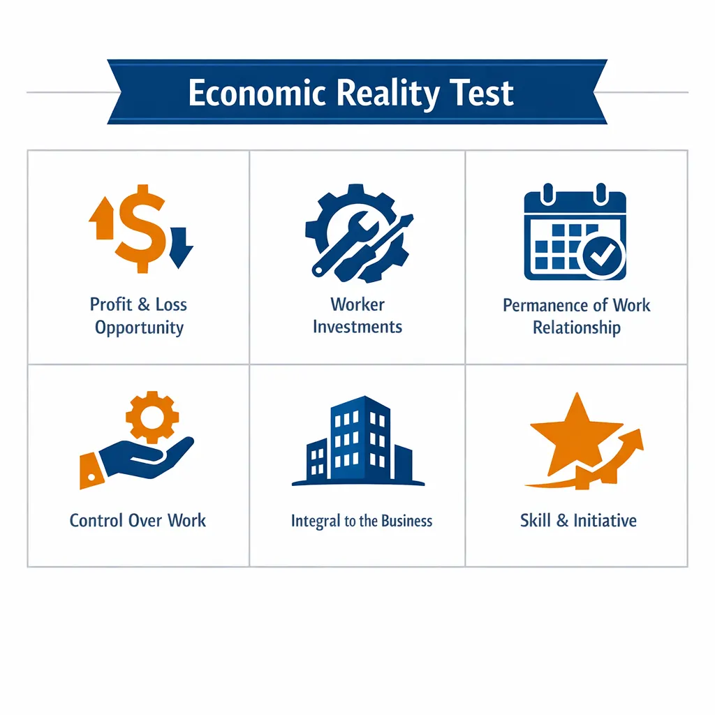 Six-factor infographic showing Department of Labor Economic Reality Test for worker classification including profit opportunity, investments, permanence, control, integration, and skill