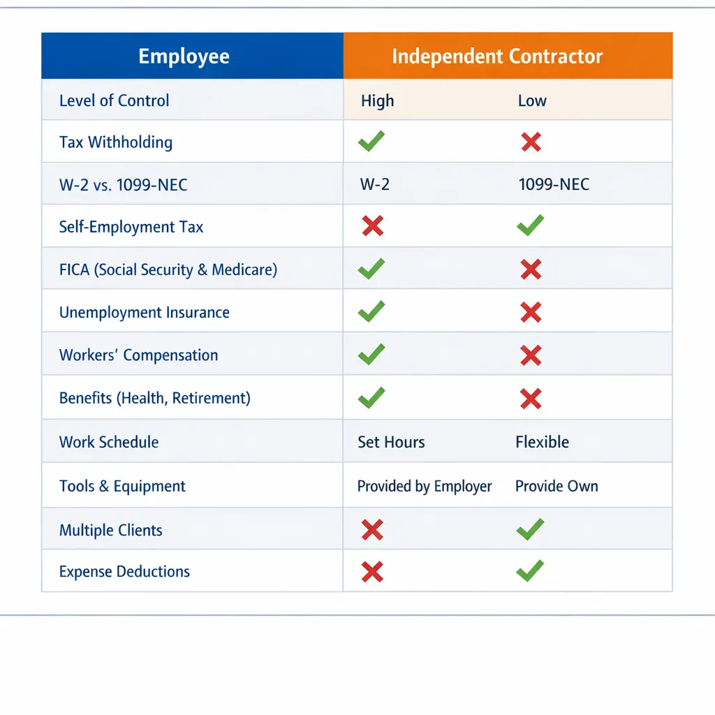 Comparison table showing 13 differences between employees and independent contractors including control, taxes, benefits, and legal protections