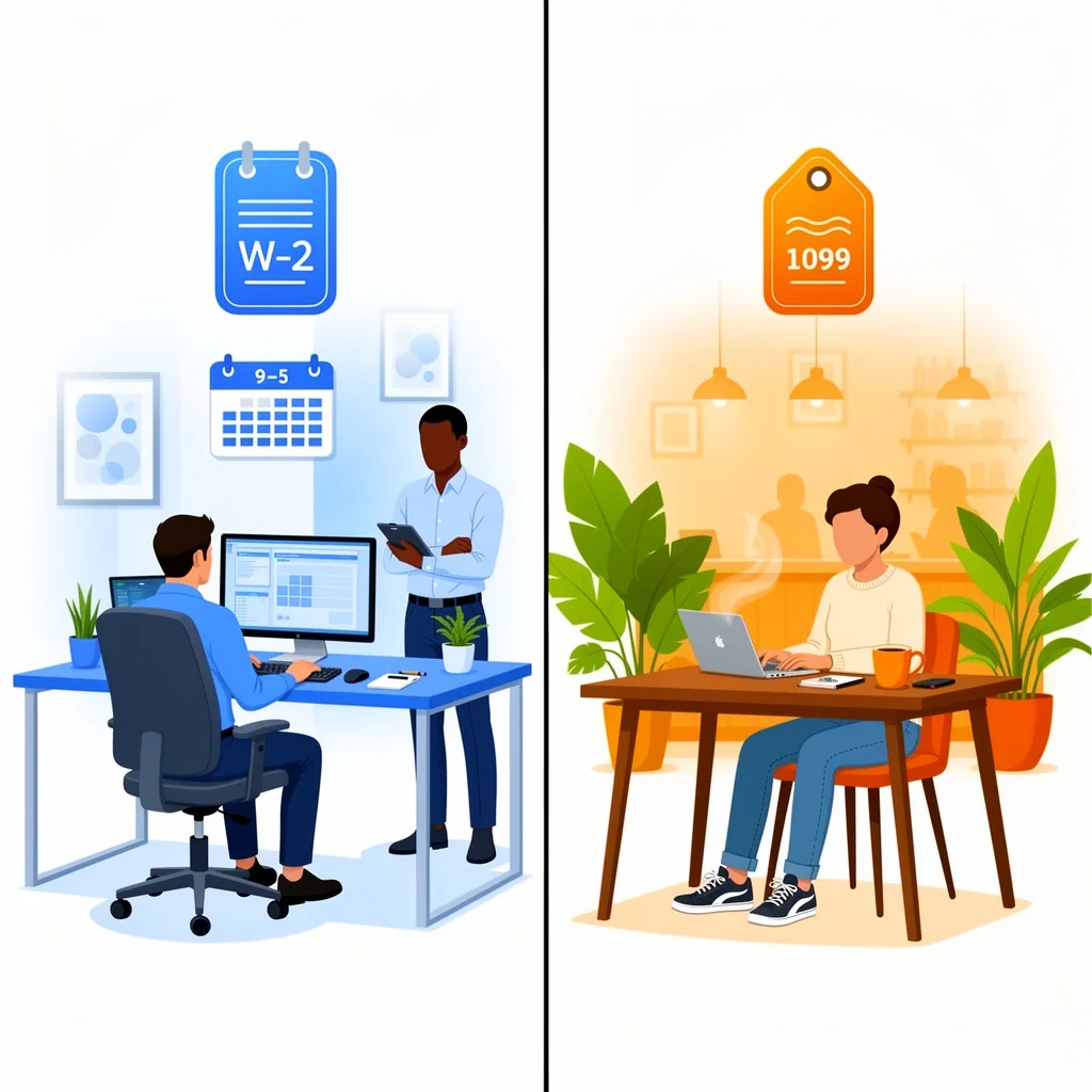 Split illustration comparing employee working under supervision in office versus independent contractor freelancing in coffee shop
Employee vs Independent Contractor