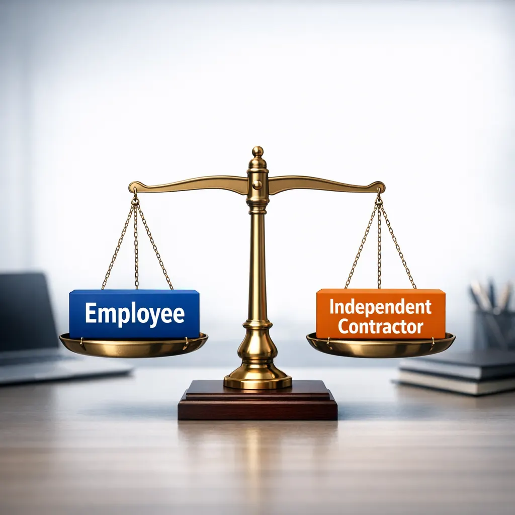 Featured image showing legal scale comparing employee and independent contractor classifications