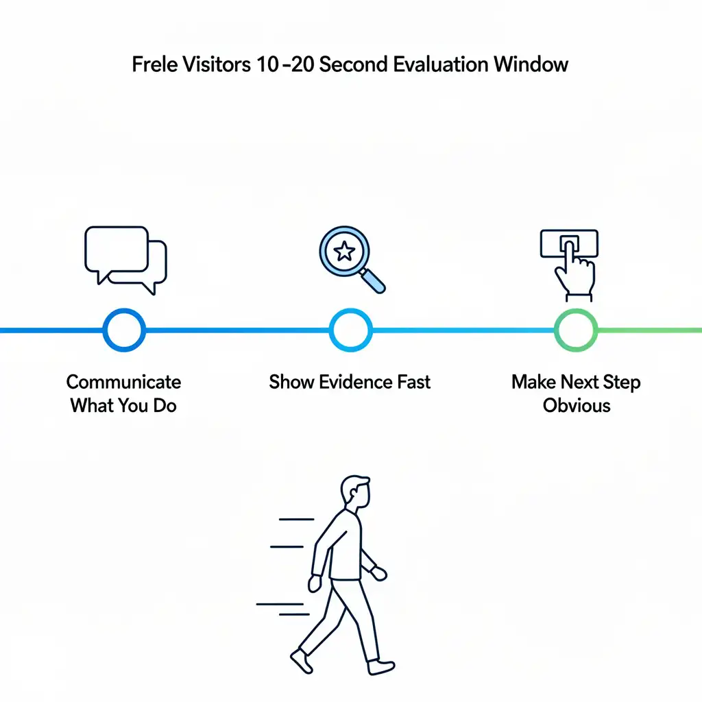 Diagram showing the 10-20 second conversion window for freelancer portfolio websites with three key checkpoints: communicate, show evidence, and make next step obvious
