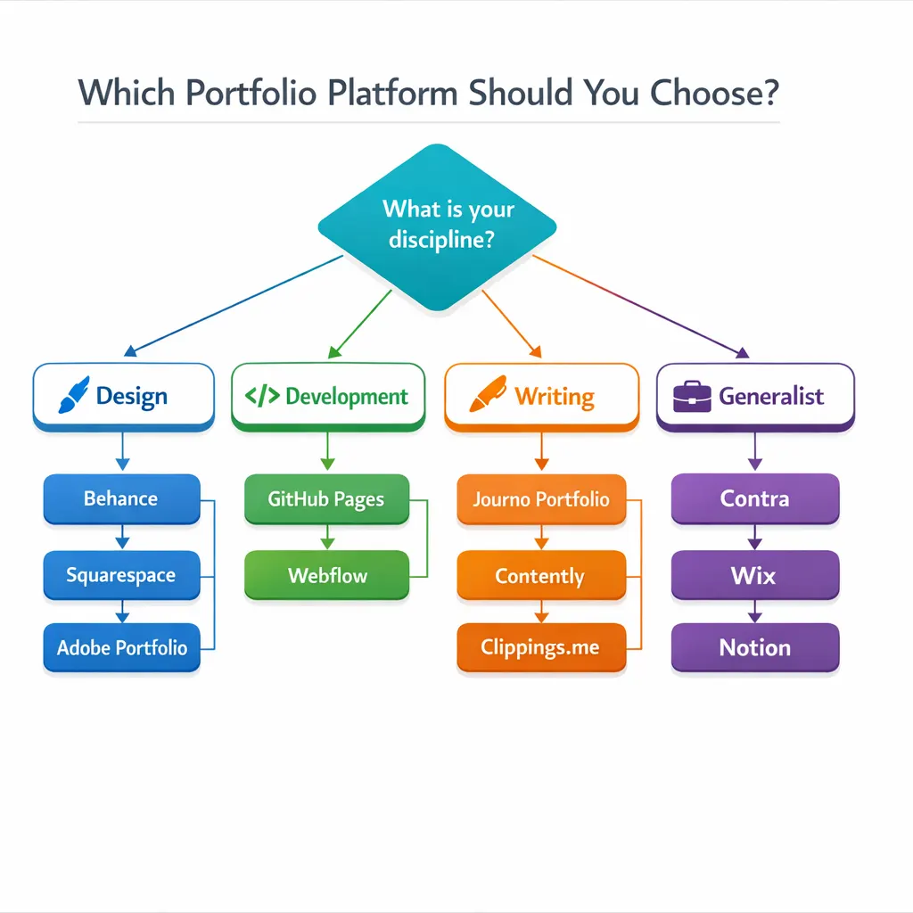 Decision flowchart helping freelancers choose the right portfolio platform based on their discipline: design, development, writing, or generalist