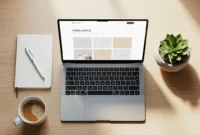 Modern workspace with laptop displaying a freelance portfolio website, notebook, coffee cup, and plant