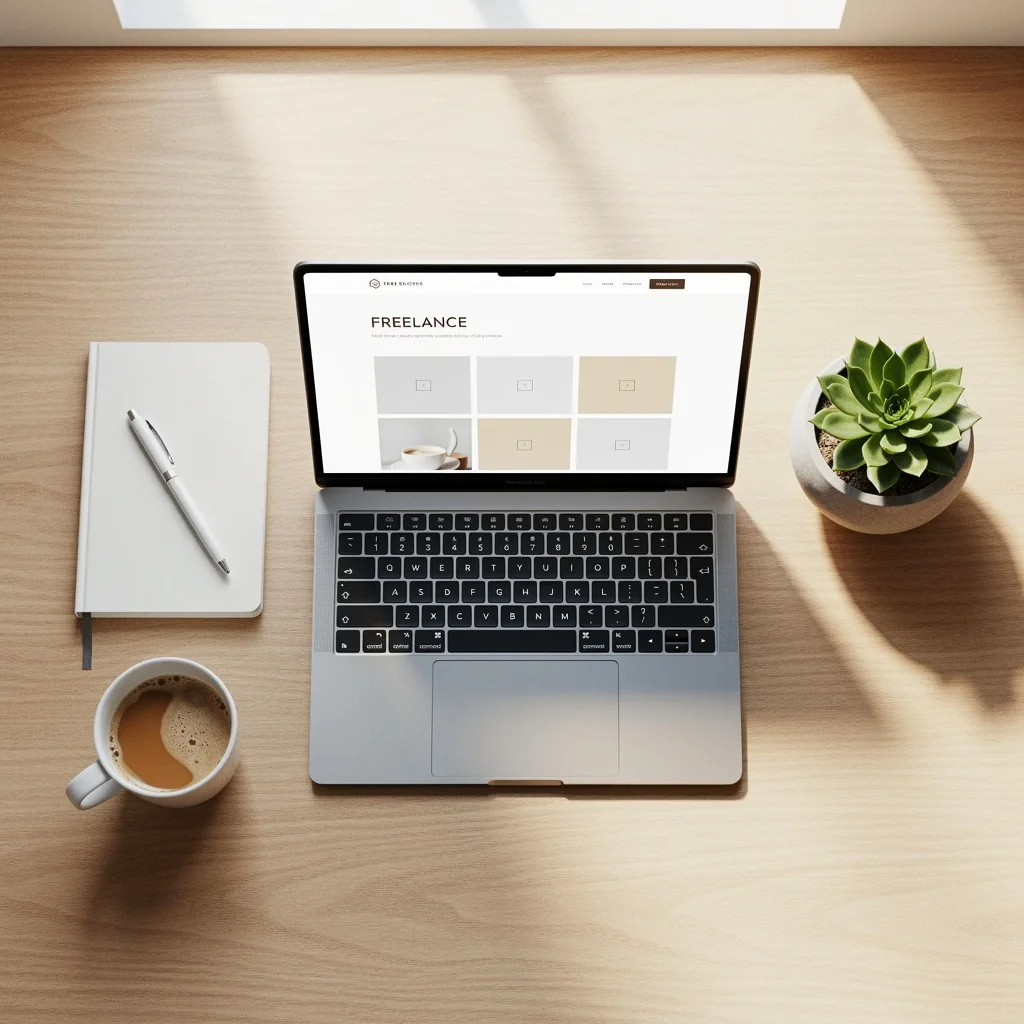 Modern workspace with laptop displaying a freelance portfolio website, notebook, coffee cup, and plant