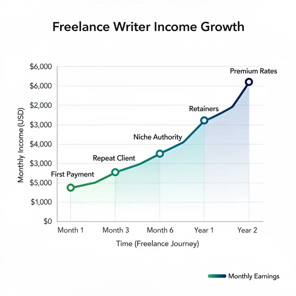 Line chart showing freelance writer income growth from $300/month at month one to $5,000+/month at year two with key earnings milestones.