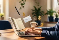 Freelance writer working from home with writing tools and earning potential illustrated around the workspace