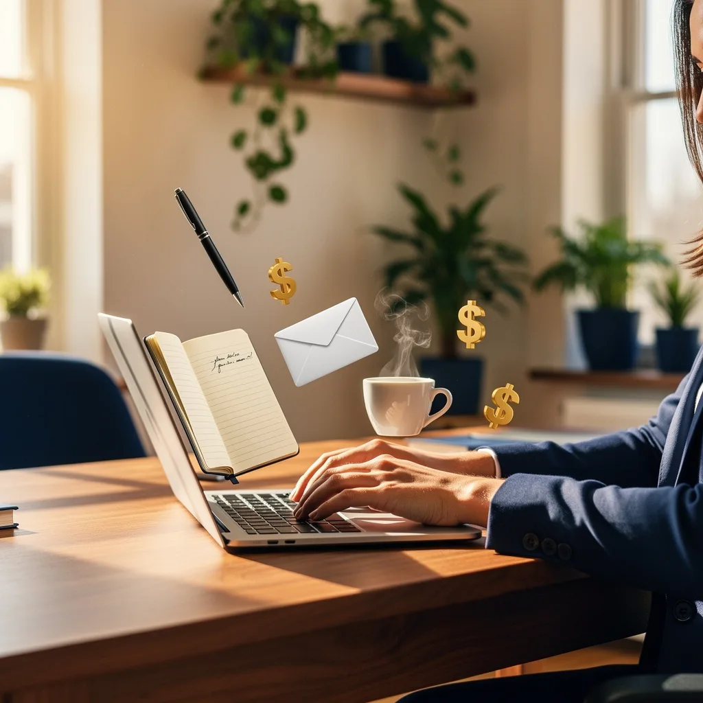 Freelance writer working from home with writing tools and earning potential illustrated around the workspace