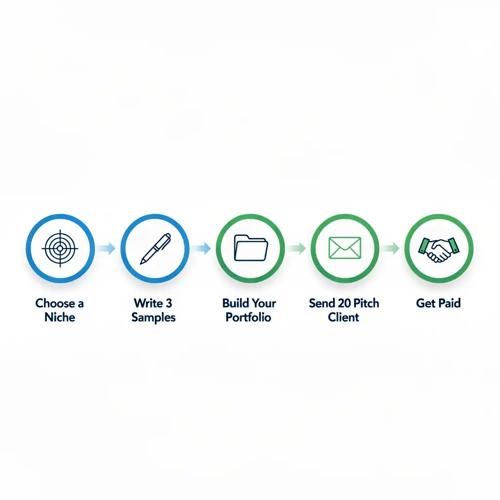 Infographic showing a freelance writer's path from choosing a niche to getting paid, with six workflow steps including portfolio building and client pitching.
freelance writer side hustle