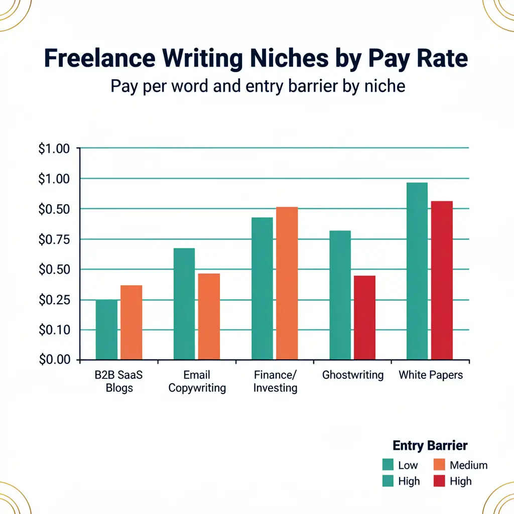 Bar chart comparing freelance writing niches by pay rate per word, showing B2B SaaS, email copywriting, finance, healthcare, ghostwriting, and white papers with entry barrier color coding.