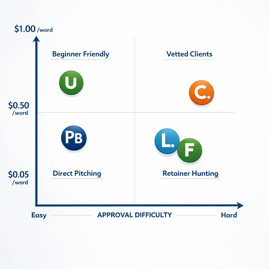 Comparison matrix of freelance writing platforms showing Upwork, Contently, ProBlogger, LinkedIn, and Fiverr mapped by approval difficulty and average pay rates.