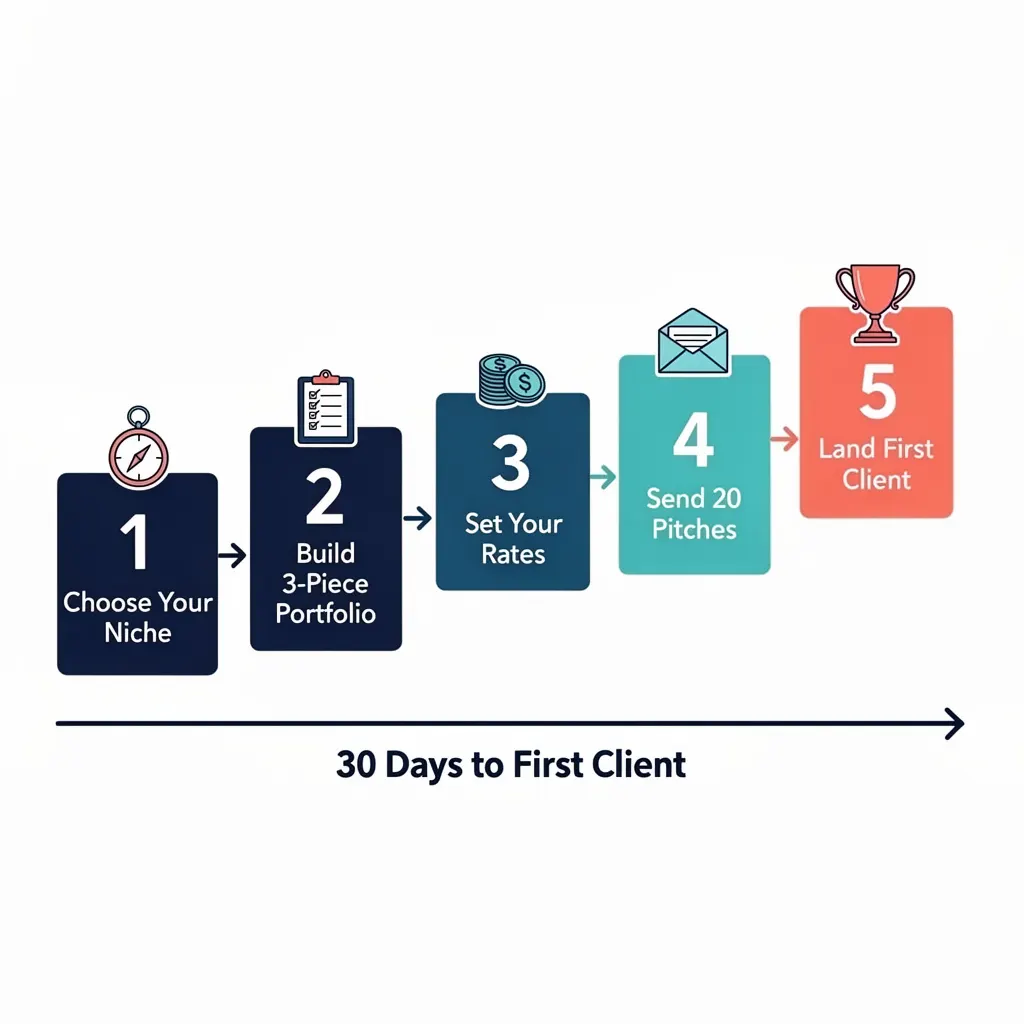 Step-by-step process diagram showing how to start freelance writing with no experience: choose niche, build portfolio, set rates, send pitches, land first client.