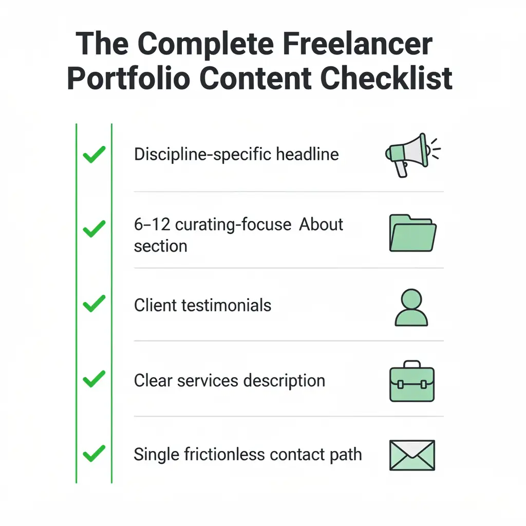 Checklist infographic showing six essential elements every freelancer portfolio needs: headline, work samples, about page, testimonials, services, and contact path