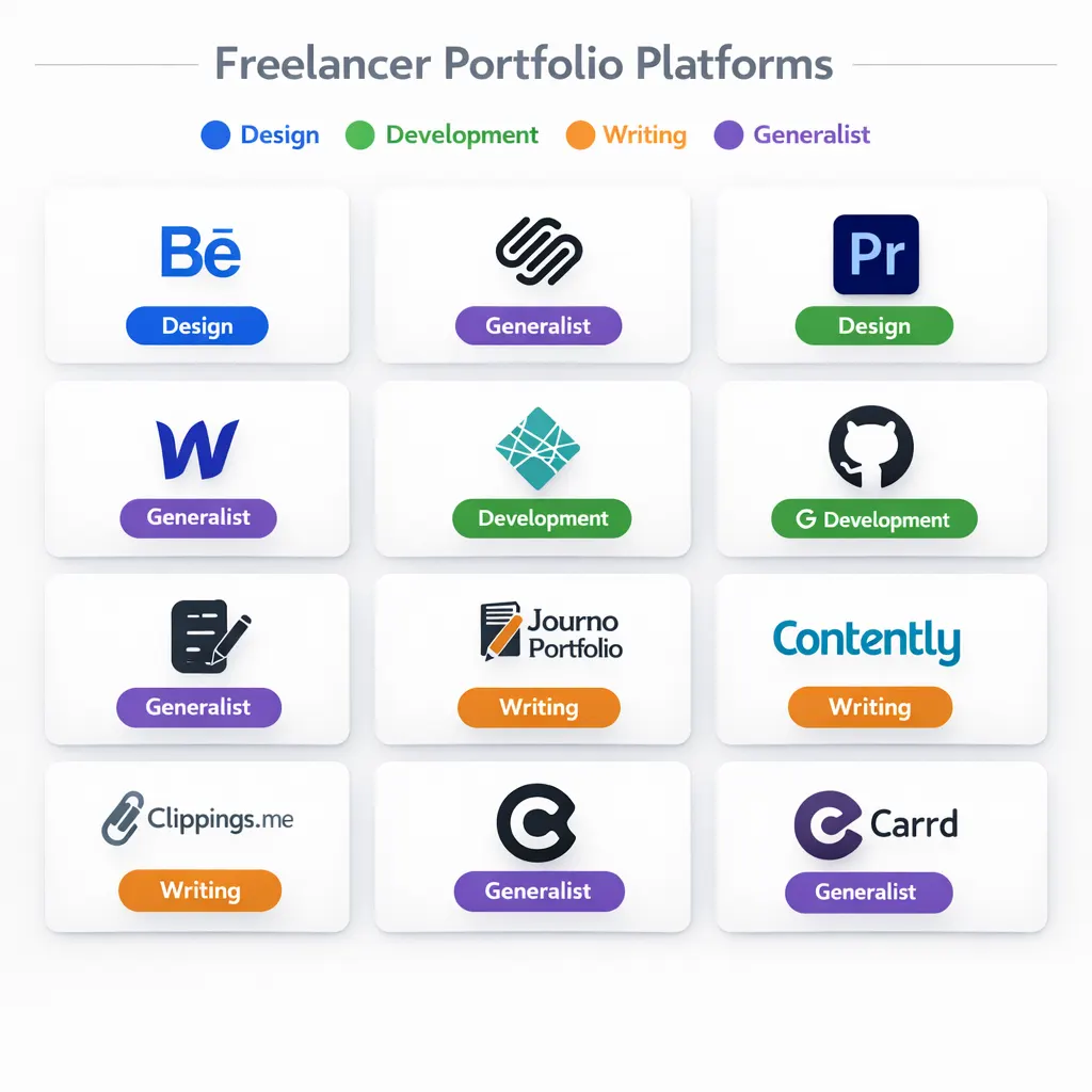 Comparison infographic showing 11 best freelancer portfolio websites categorized by discipline including Behance, Squarespace, GitHub Pages, and Journo Portfolio