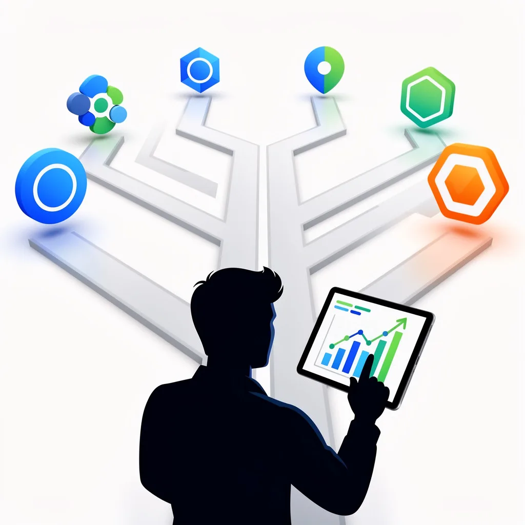 Illustration showing a publisher at a crossroads choosing between Google AdSense alternatives and ad network platforms for website monetization.