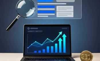 Professional illustration showing laptop with SEO analytics dashboard, magnifying glass over search results, and SEO badge representing freelance search engine optimization services seo freelancer