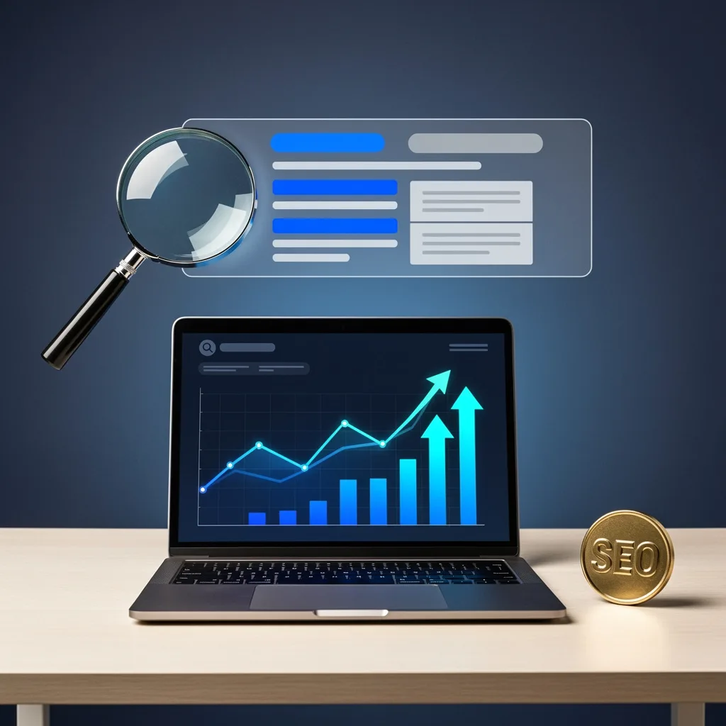 Complete Guide to Hiring an SEO Freelancer Professional illustration showing laptop with SEO analytics dashboard, magnifying glass over search results, and SEO badge representing freelance search engine optimization services seo freelancer