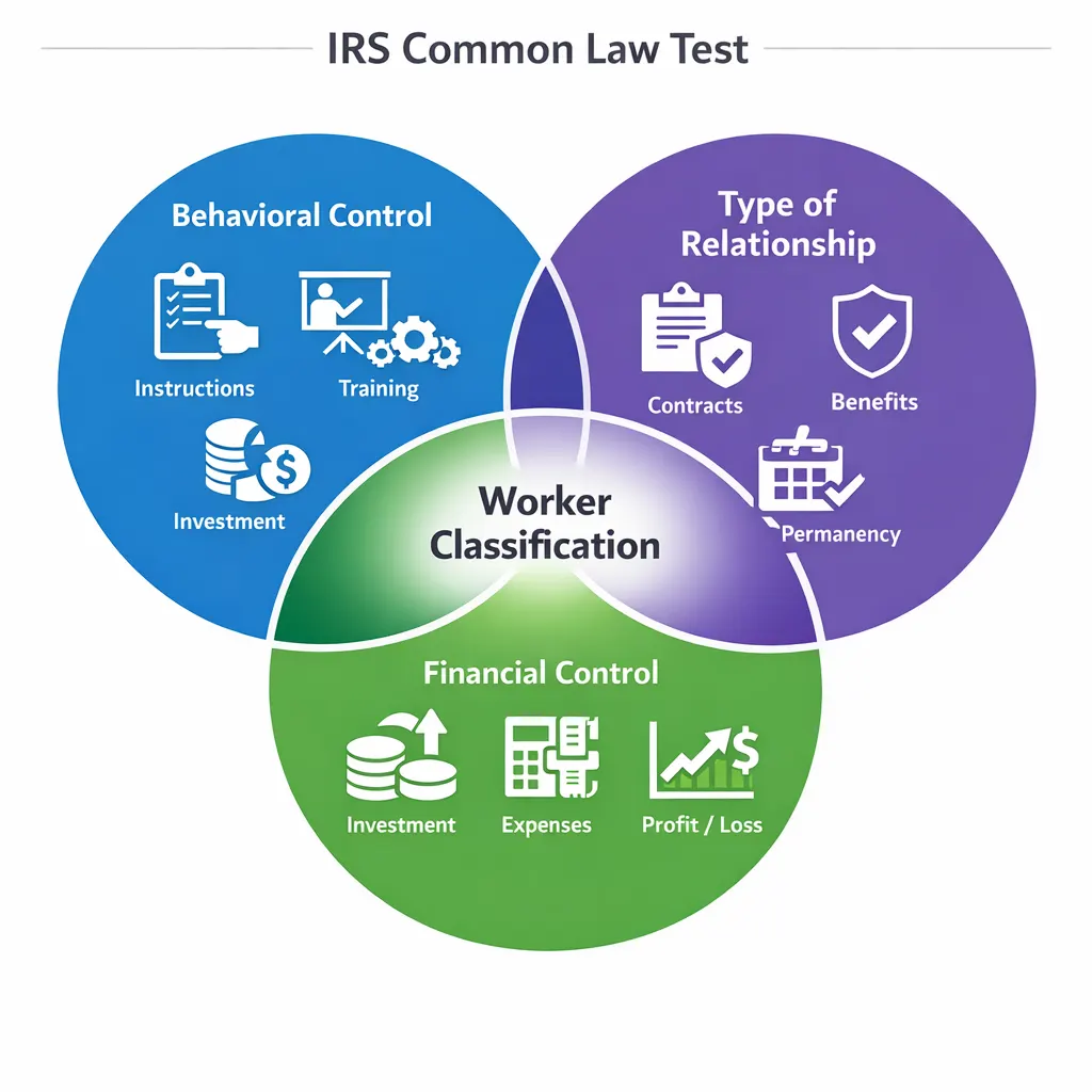 Venn diagram showing IRS Common Law Test with three overlapping factors: Behavioral Control, Financial Control, and Type of Relationship