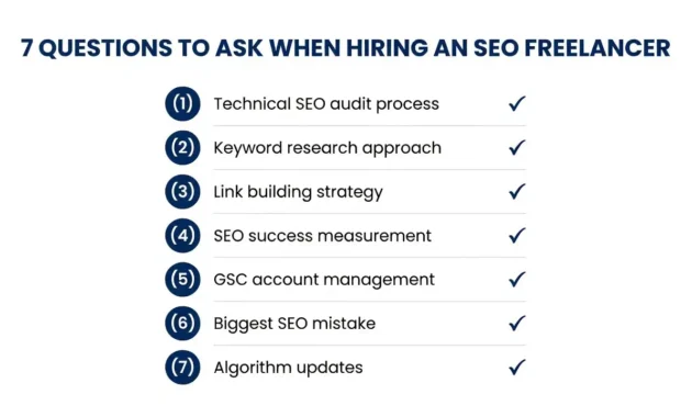 Checklist infographic showing seven essential questions to ask when vetting and interviewing potential SEO freelancers before hiring