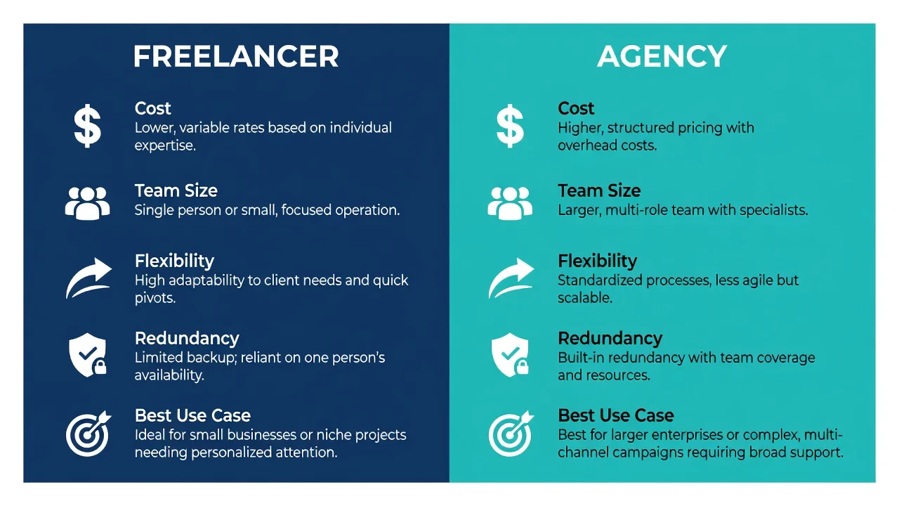 Comparison infographic showing differences between hiring an SEO freelancer versus an SEO agency across cost, team size, flexibility, redundancy, and best use case scenarios